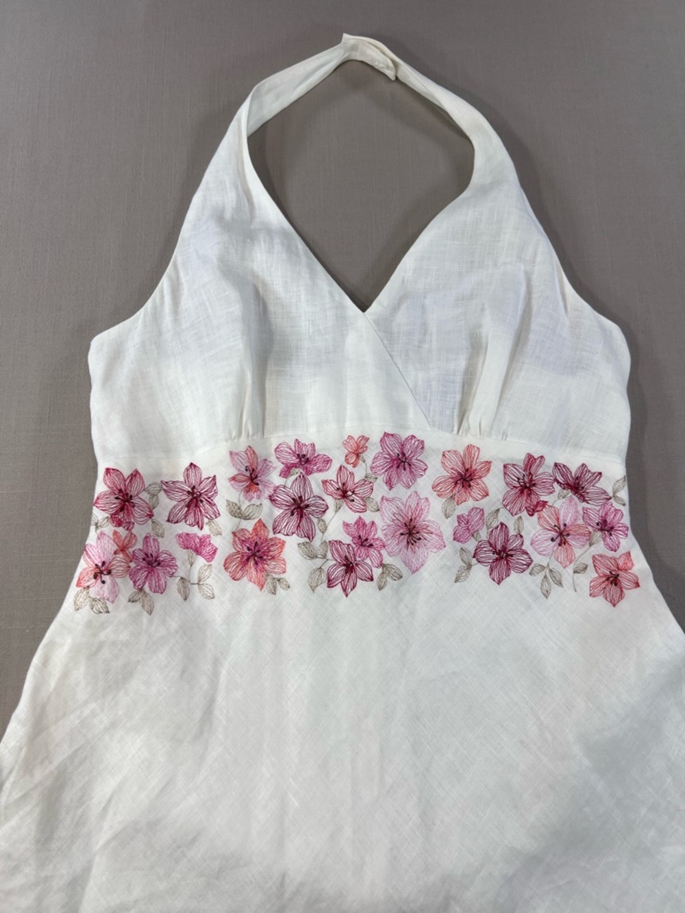 Ann Taylor Women’s Linen Halter Dress Pink Floral Embroidery Empire Waist Midi - Picture 12 of 16